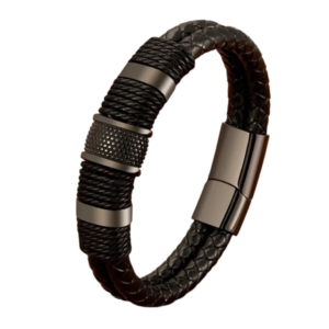 Bracelet en cuir noir tressé & acier inoxydable