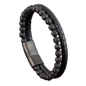 Bracelet en cuir pour homme noir en pierre de lave