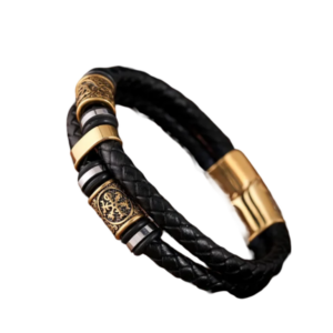 Bracelet viking tressé en cuir pour homme avec bijou doré