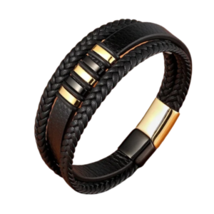 Bracelet en cuir pour homme 3 brides noir avec insert en acier