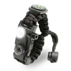 Bracelet de survie en paracorde multifonction noir avec lampe intégrée
