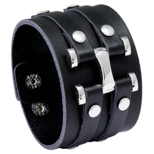 Bracelet de force en cuir double lanières noir pour homme
