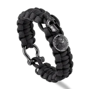 Bracelet viking en corde tressé noir avec casque de guerrier spartiates noir