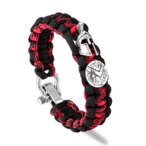 Bracelet viking en corde tressé rouge et noir avec casque de guerrier spartiates argent