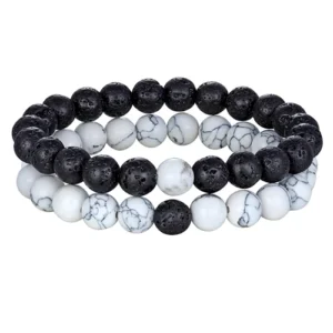 Bracelet double en perle howlite blanche et pierre de lave
