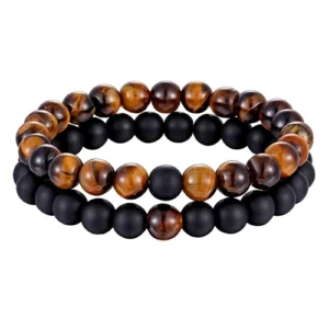 Bracelet double en perle œil du tigre et onyx noir