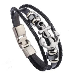 Bracelet ancre en cuir noir 3 lanières