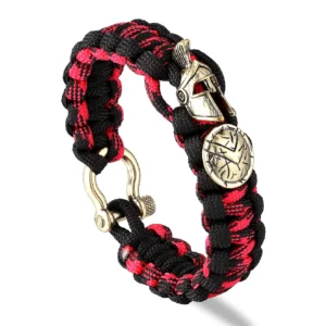 Bracelet viking en corde tressé rouge et noir avec casque de guerrier spartiates bronze