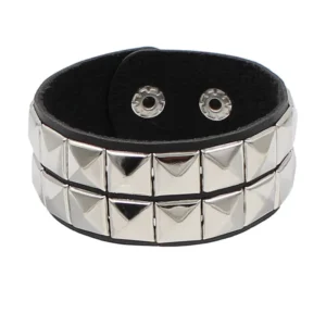 Bracelet de force clouté en métal cuir noir