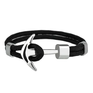 Bracelet ancre cordon tressé noir avec ancre couleur argent
