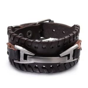 Bracelet de force en cuir marron & insert acier