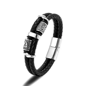 Bracelet viking tressé en cuir pour homme avec bijou acier inoxydable