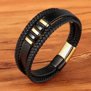 Bracelet en cuir pour homme 3 brides noir et doré