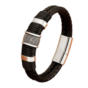 Bracelet en cuir noir tressé & bijou acier argent